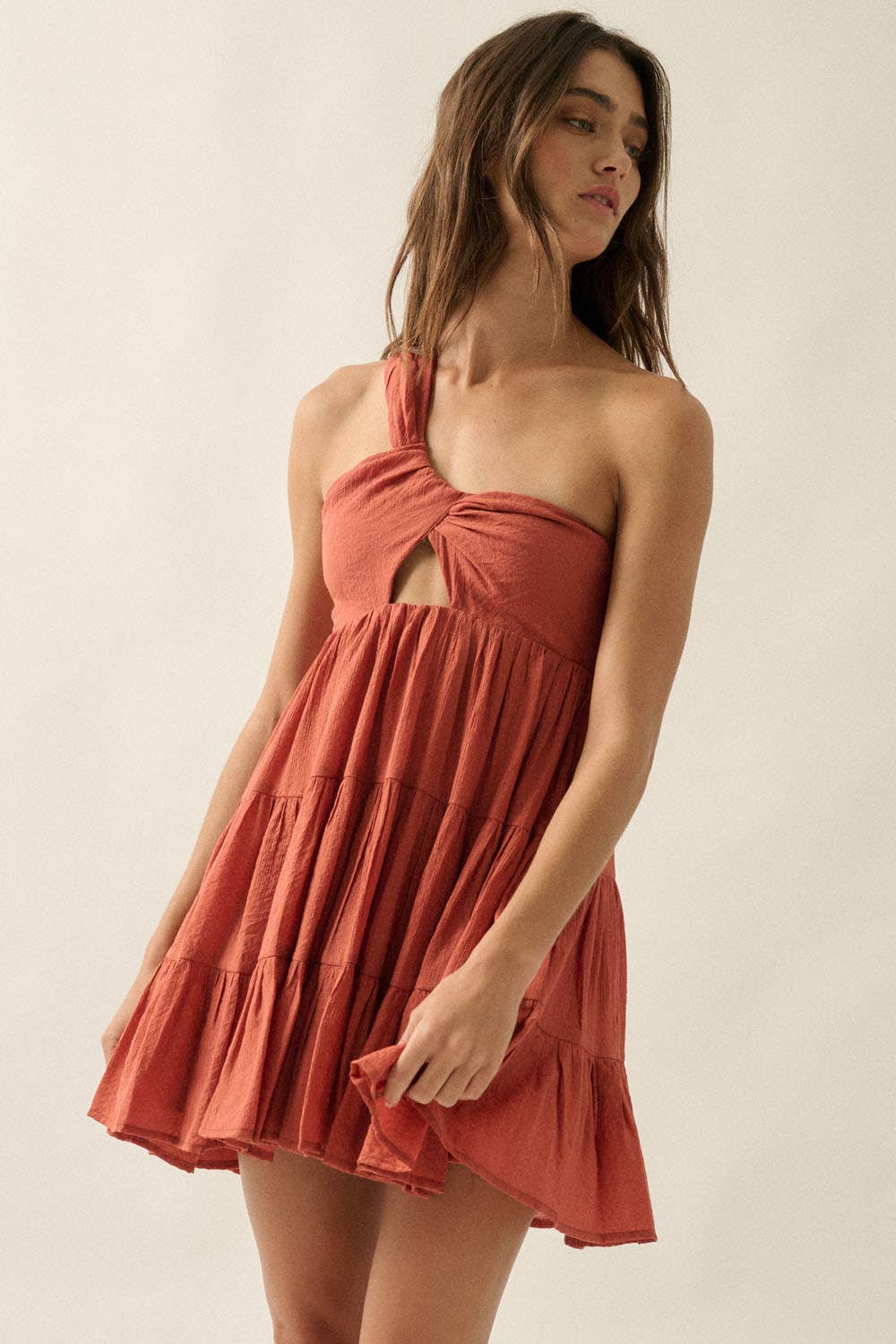 Promesa Jacquard Asymmetrical One-Shoulder Tiered Keyhole Mini Dress