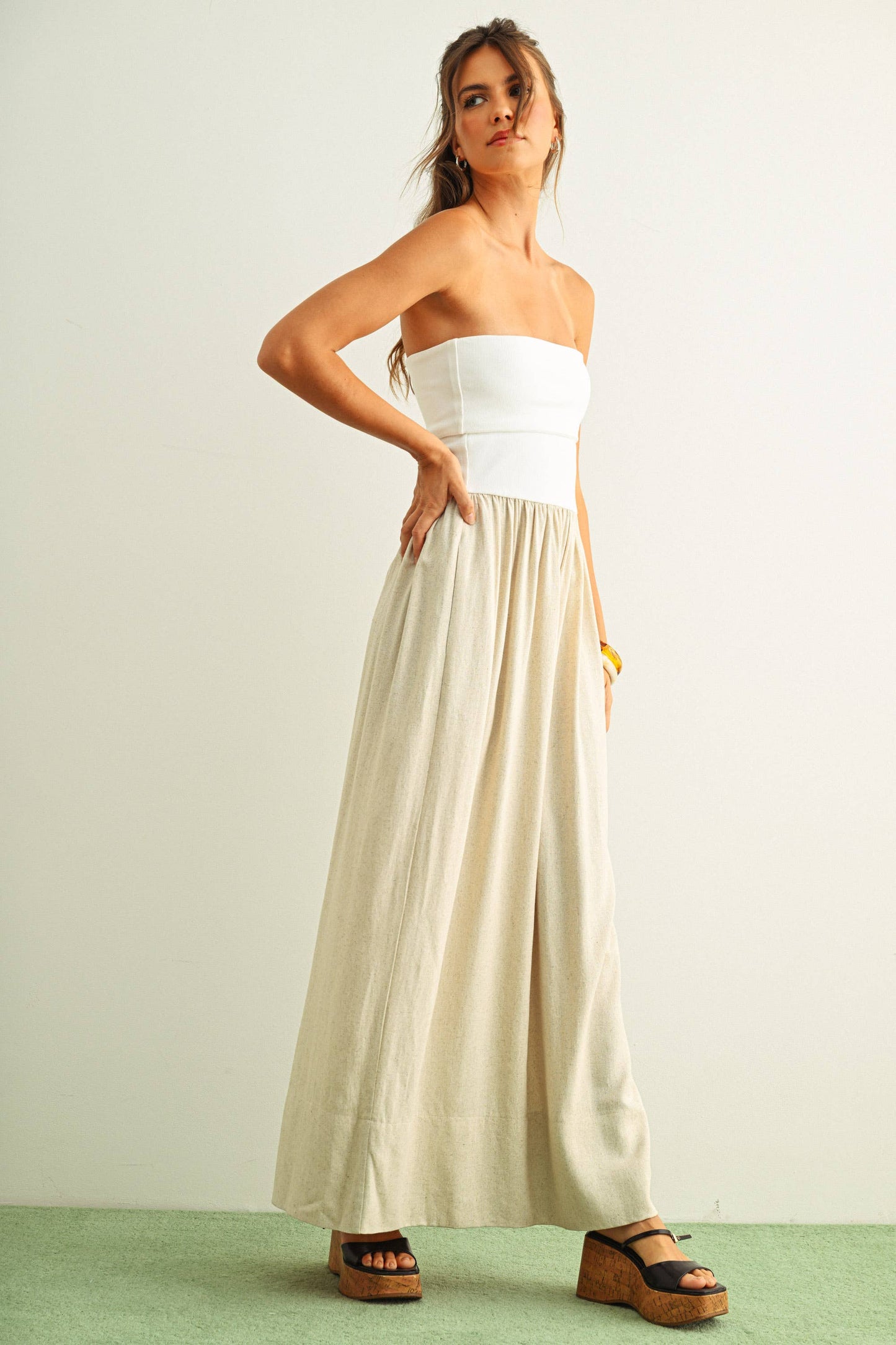 MIOU MUSE LINEN WITH RIBBED KNITTED TOP COMBO DRESS