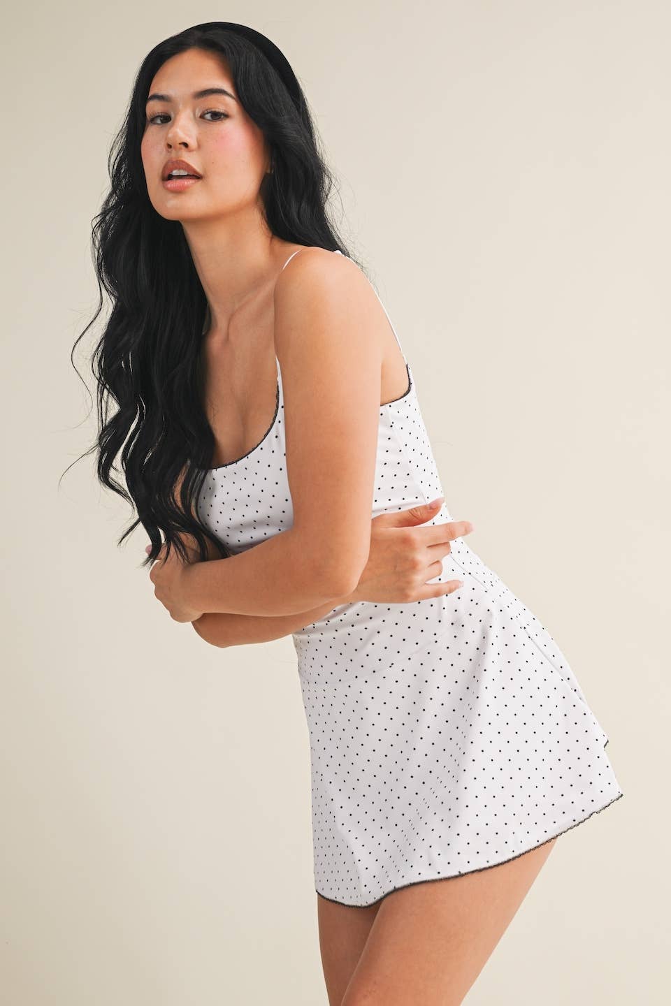 KIMBERLY C - Polka Dot Print Lace Trim Ruffle Mini Dress
