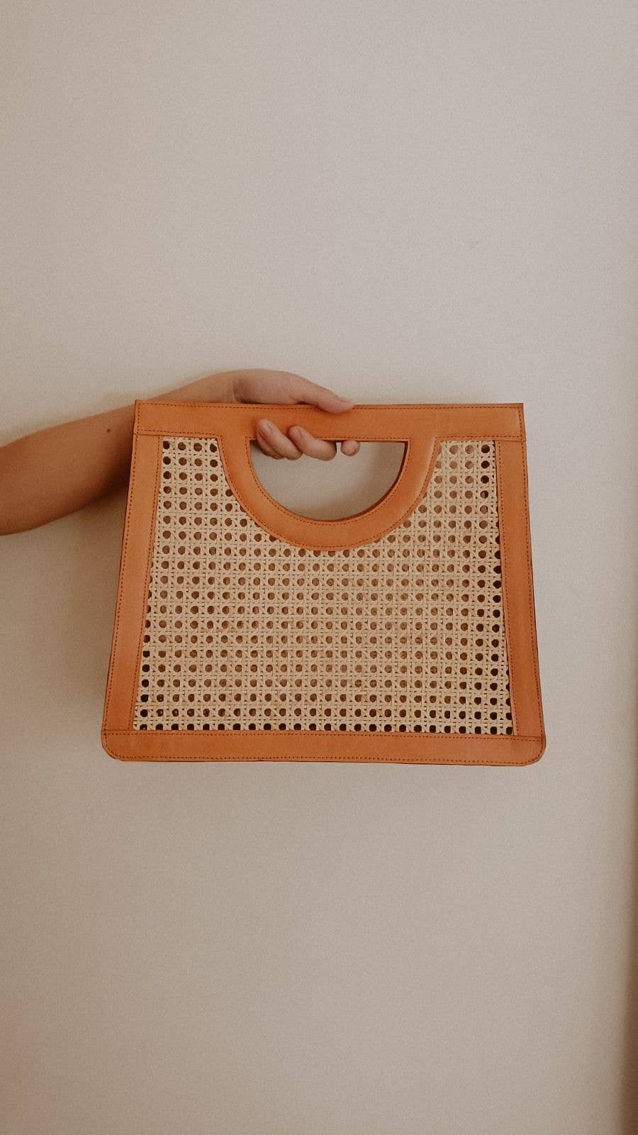 Village Thrive Cora Leather and Rattan Handbag - Camel