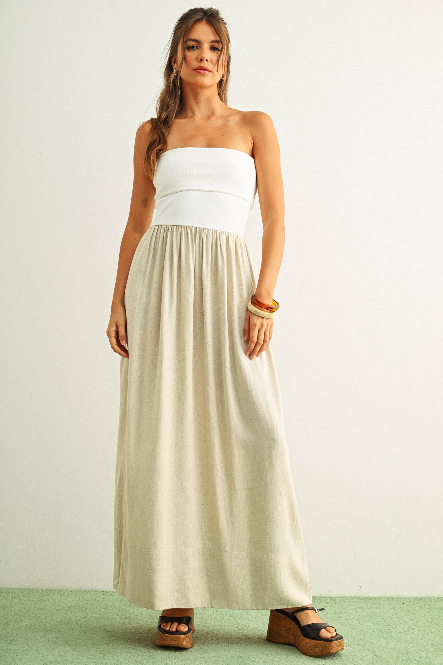 MIOU MUSE LINEN WITH RIBBED KNITTED TOP COMBO DRESS