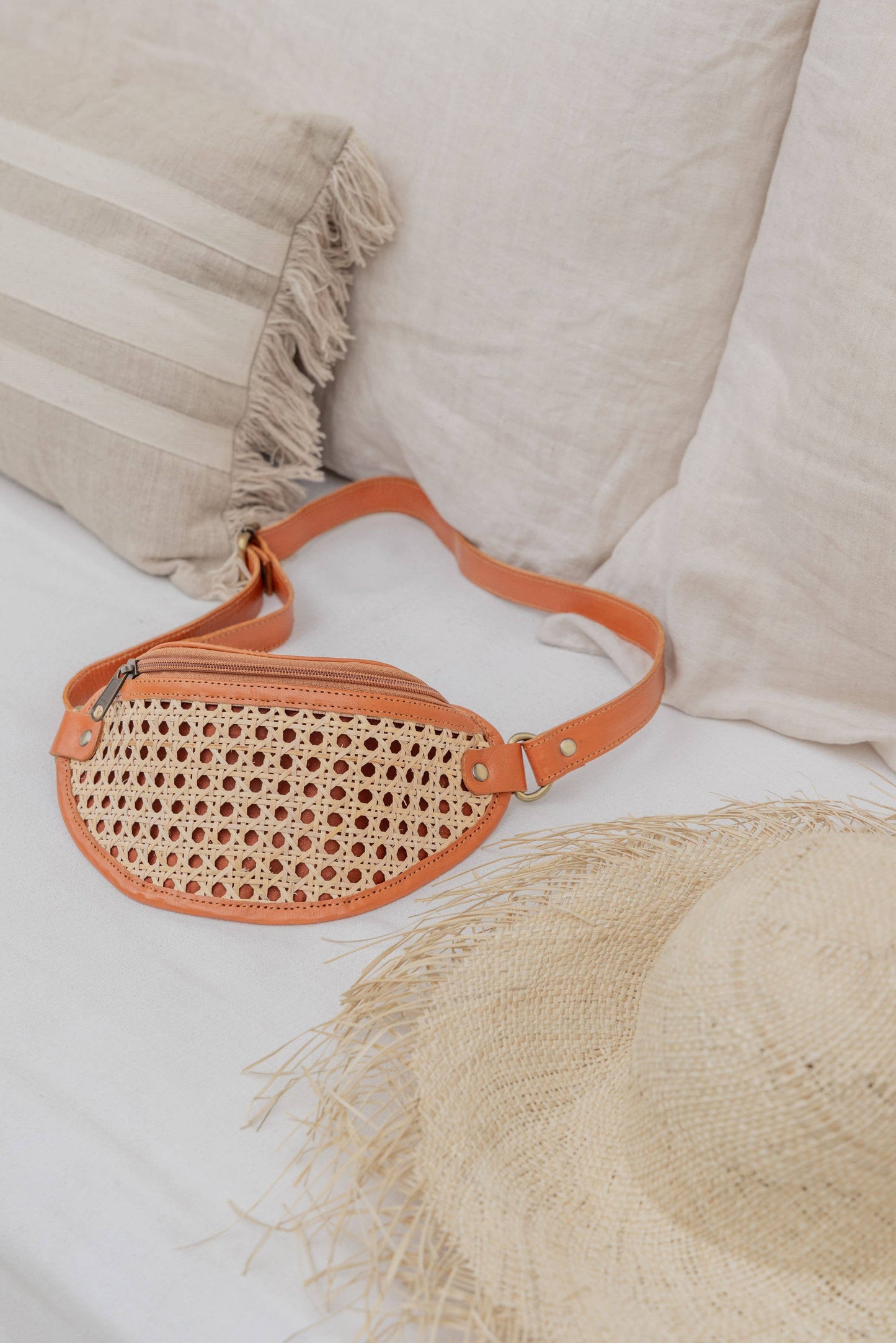 Village Thrive Raja Leather and Cane Sling Bag - Camel