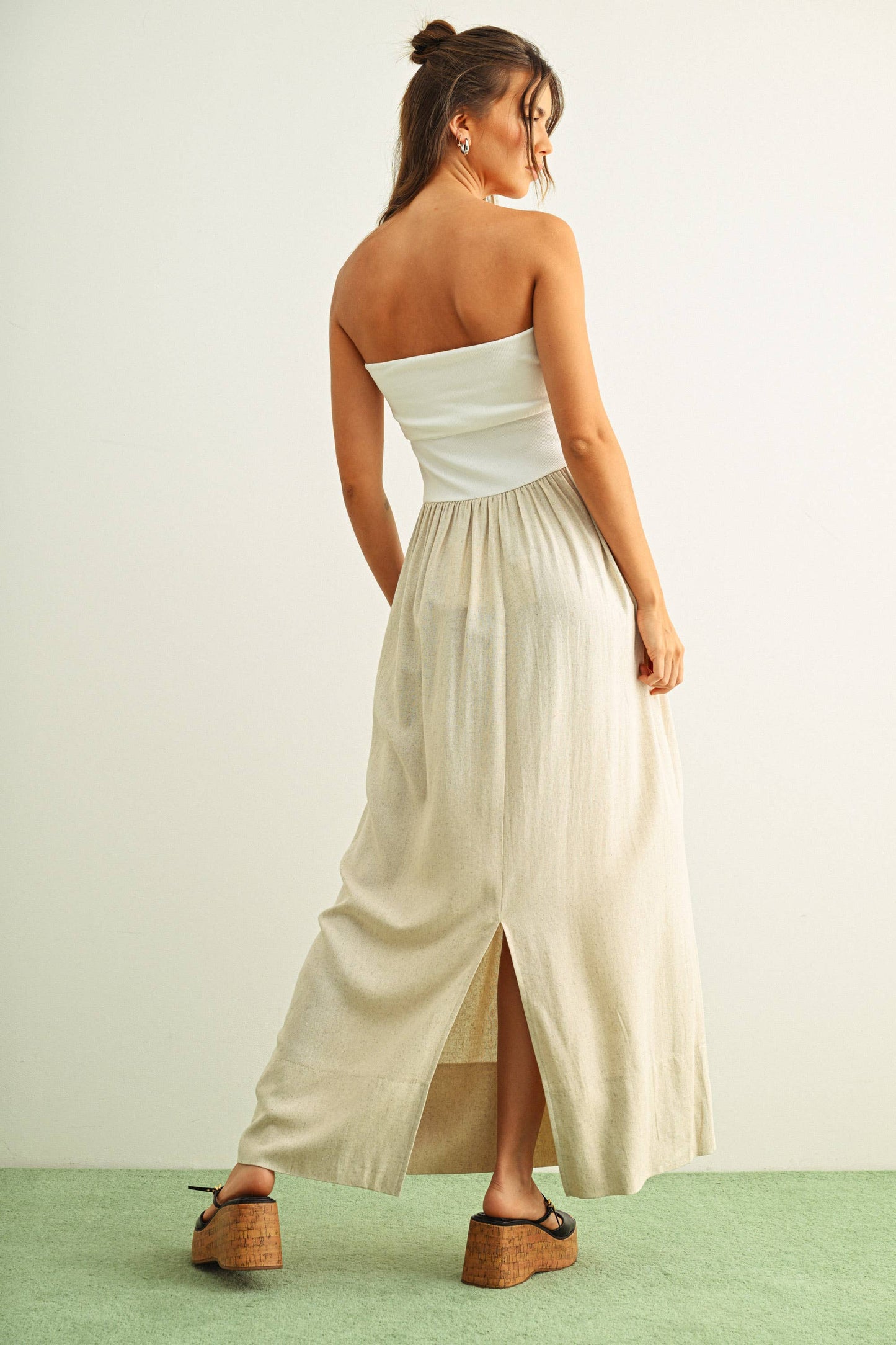 MIOU MUSE LINEN WITH RIBBED KNITTED TOP COMBO DRESS