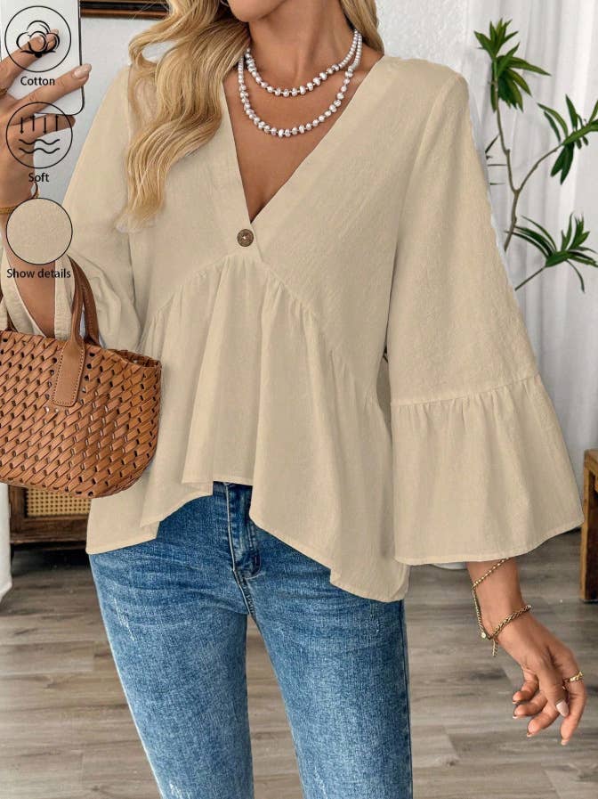 Anna Kaci V Neck Peplum Blouse with Bell Sleeves