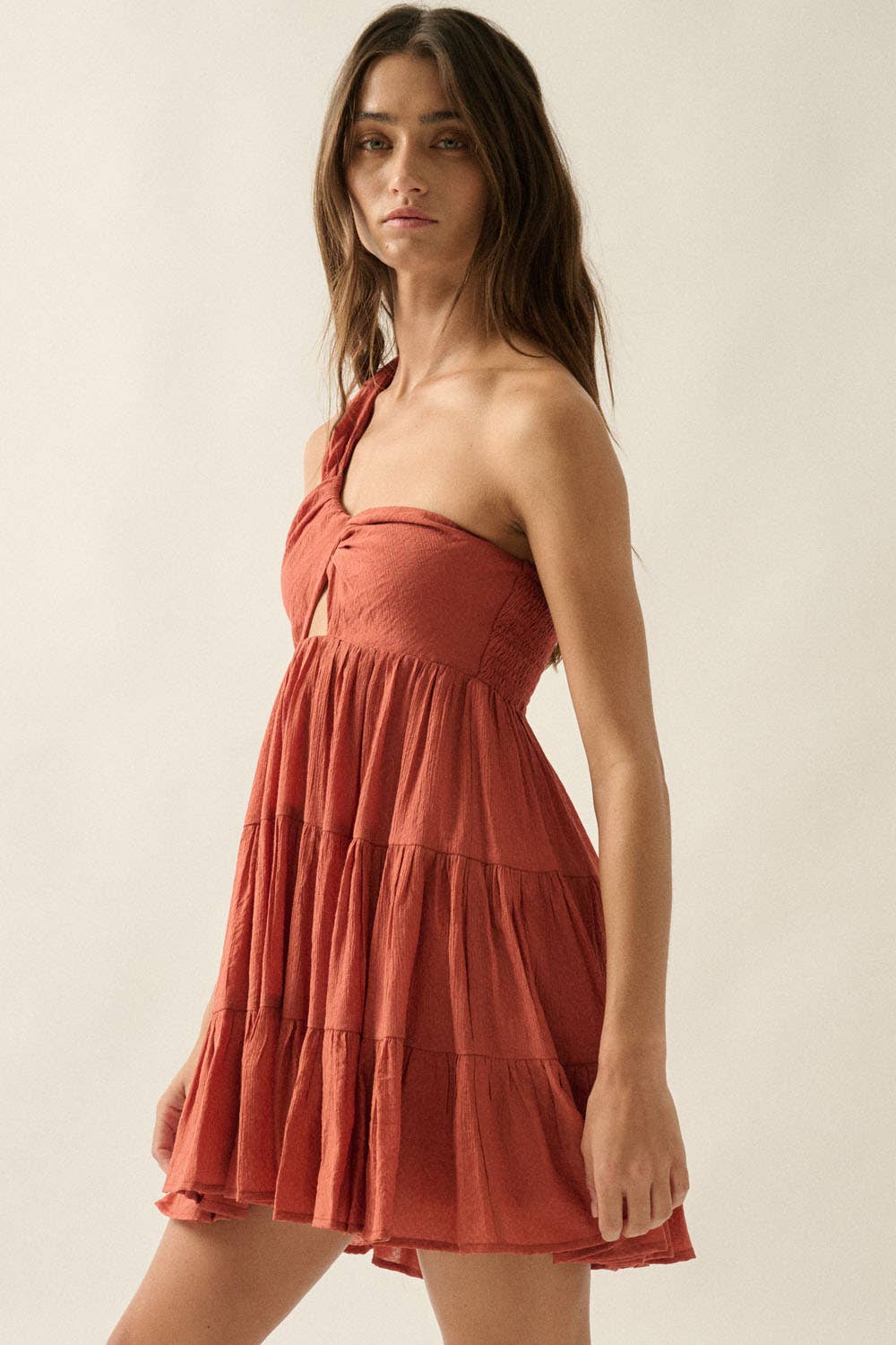 Promesa Jacquard Asymmetrical One-Shoulder Tiered Keyhole Mini Dress