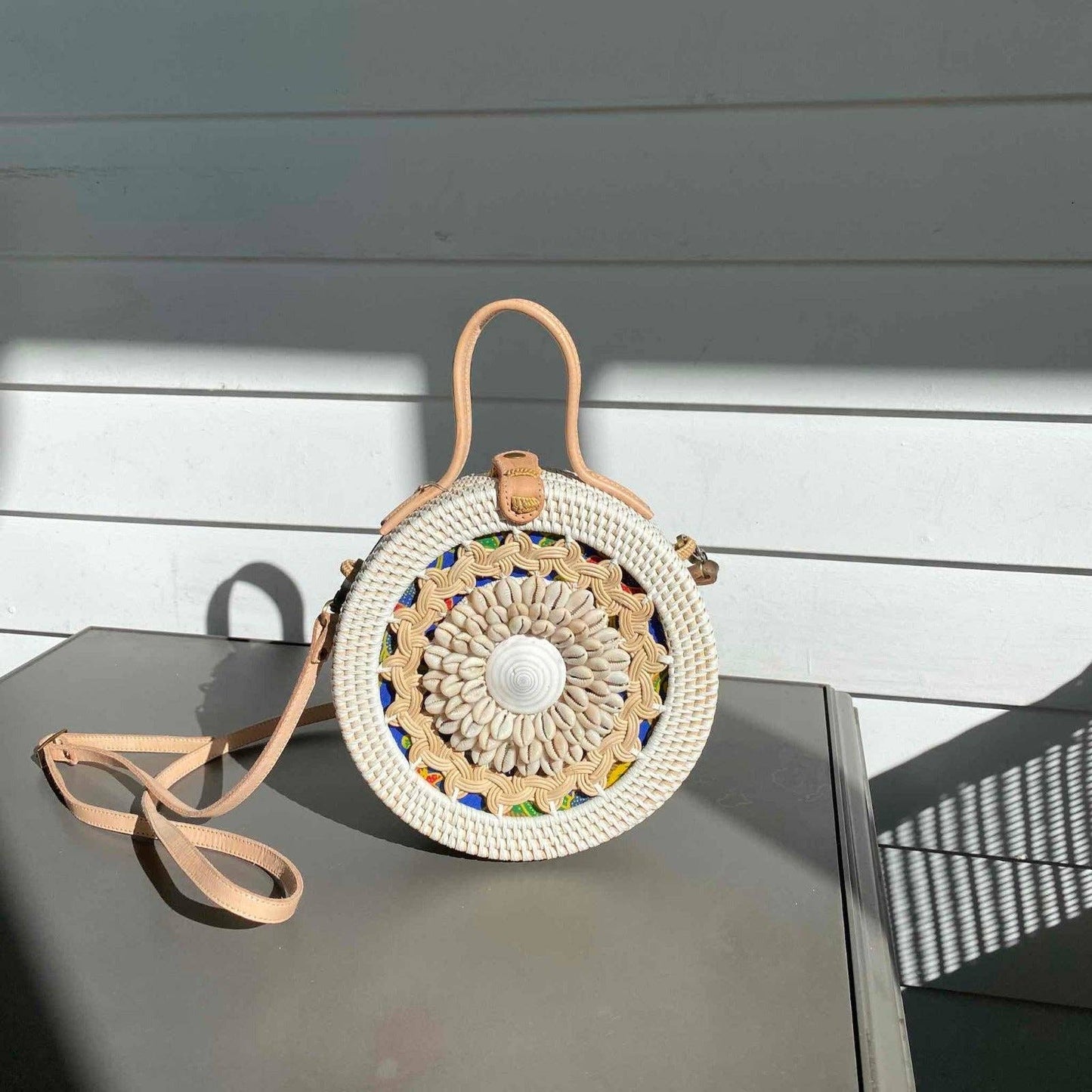 Ganapati Bali Seashell Round Rattan Crossbody Bag - Camilla