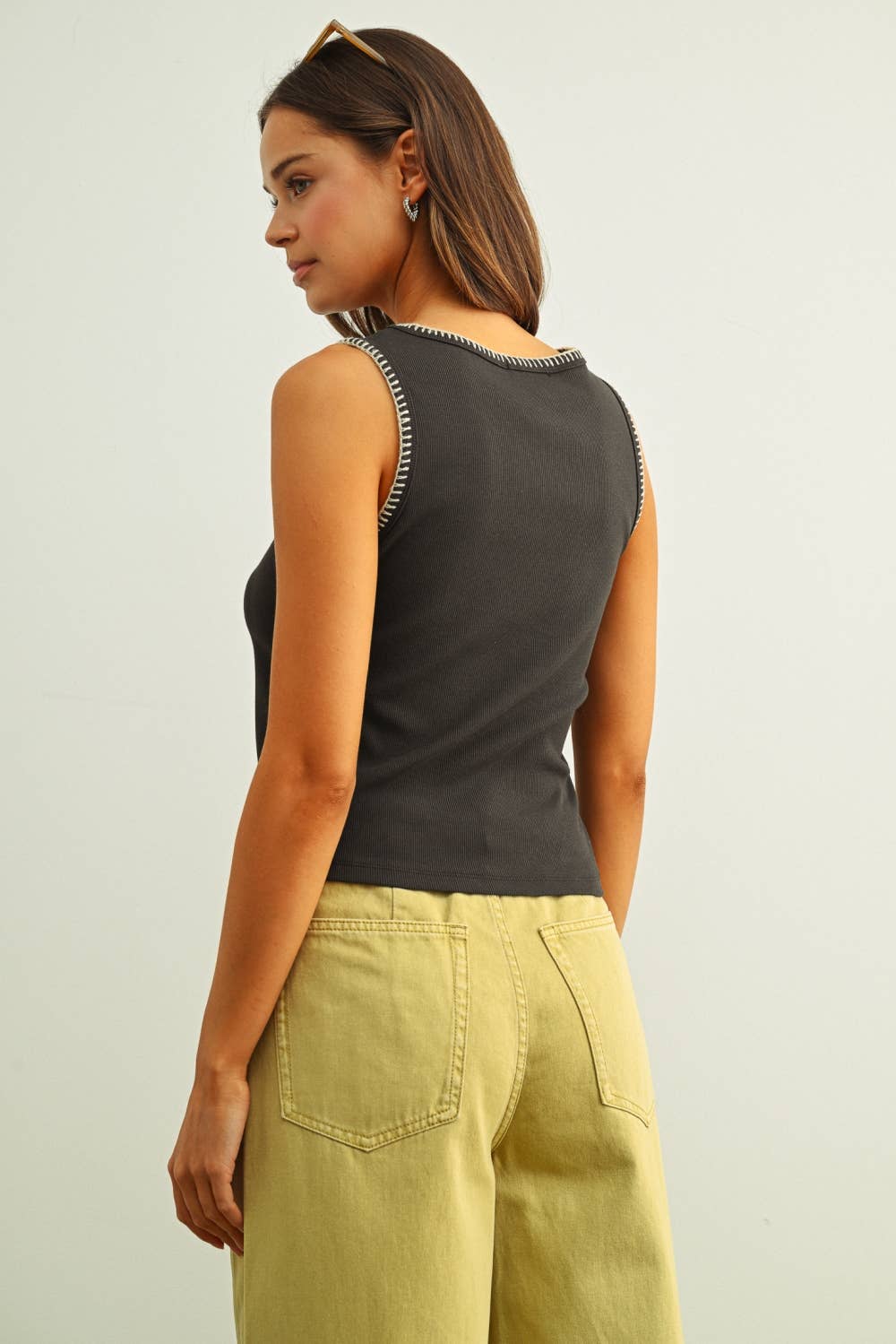 MIOU MUSE MINI RIBBED KNIT TOP WITH STITCH DETAIL