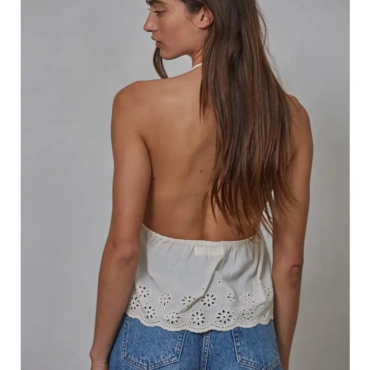 By Together Knit Cotton Eyelet Halter Plunge V-Neck Top