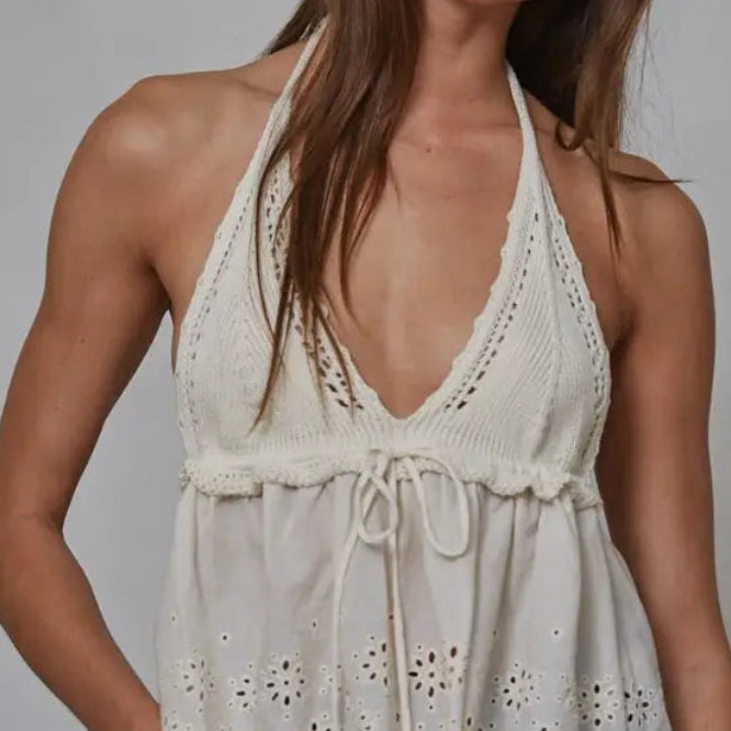 By Together Knit Cotton Eyelet Halter Plunge V-Neck Top