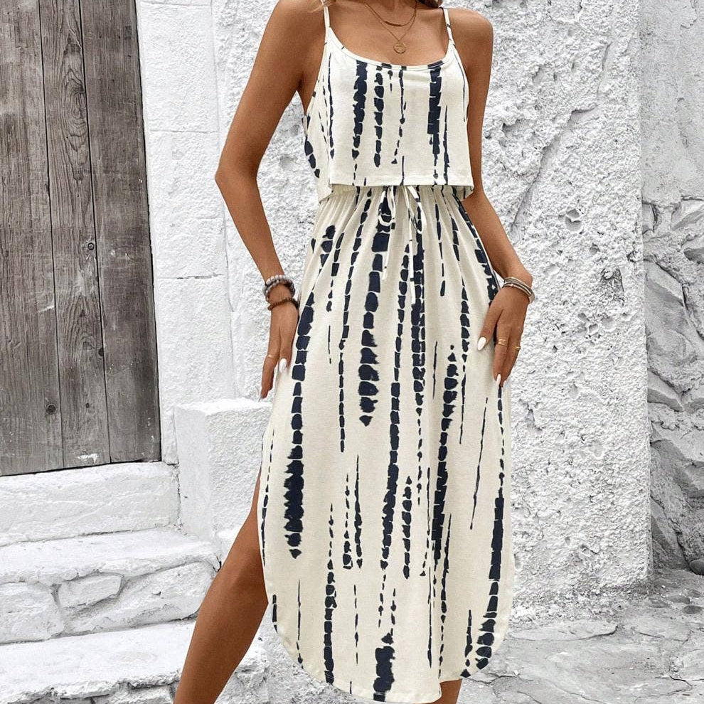 Anna Kaci Printed Spaghetti Strap Layered Bodice Midi Dress