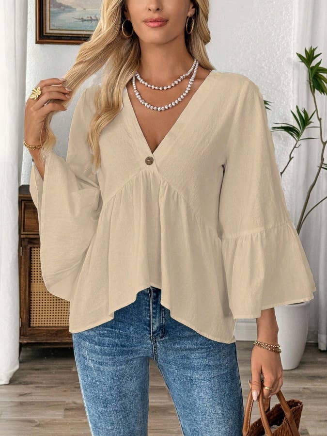 Anna Kaci V Neck Peplum Blouse with Bell Sleeves