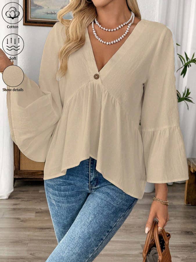 Anna Kaci V Neck Peplum Blouse with Bell Sleeves