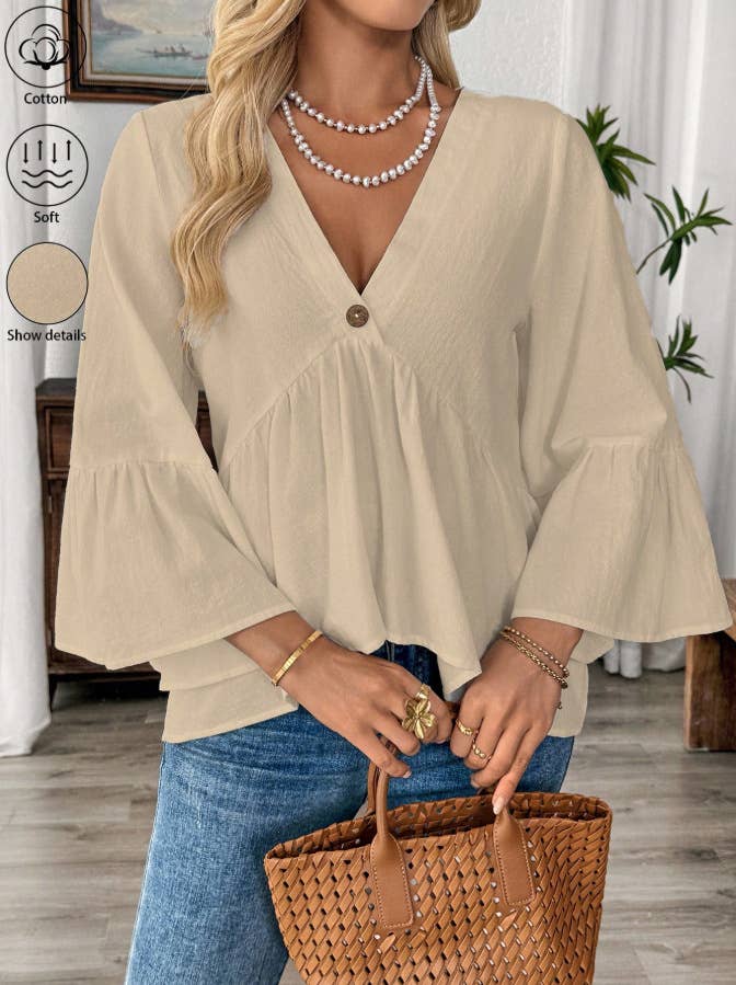 Anna Kaci V Neck Peplum Blouse with Bell Sleeves