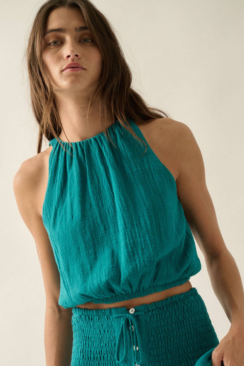 Promesa Cotton Gauze Gathered Sleeveless Cropped Halter Top