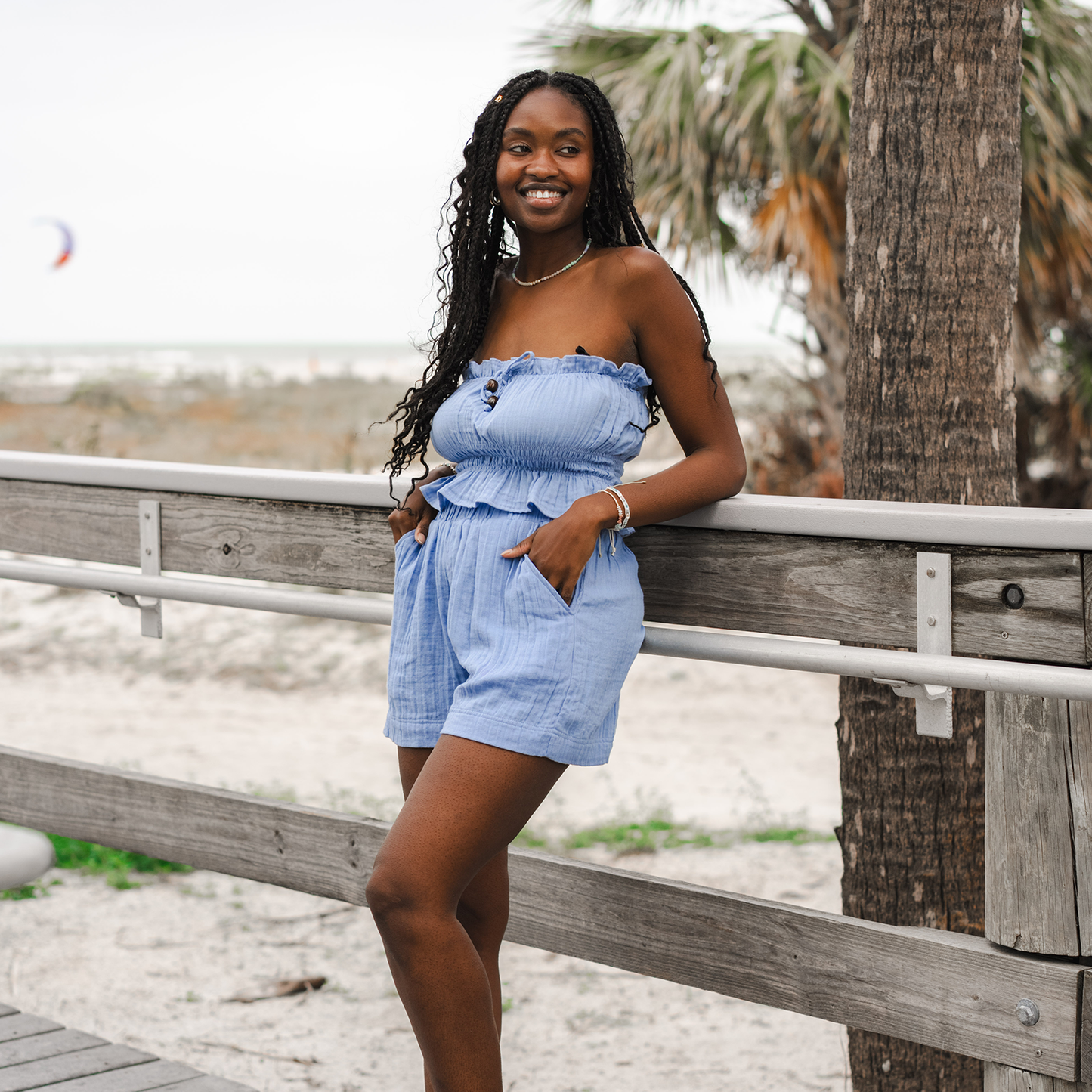 Lotus and Luna Coastal Tube Top with Bead - Denim Blue