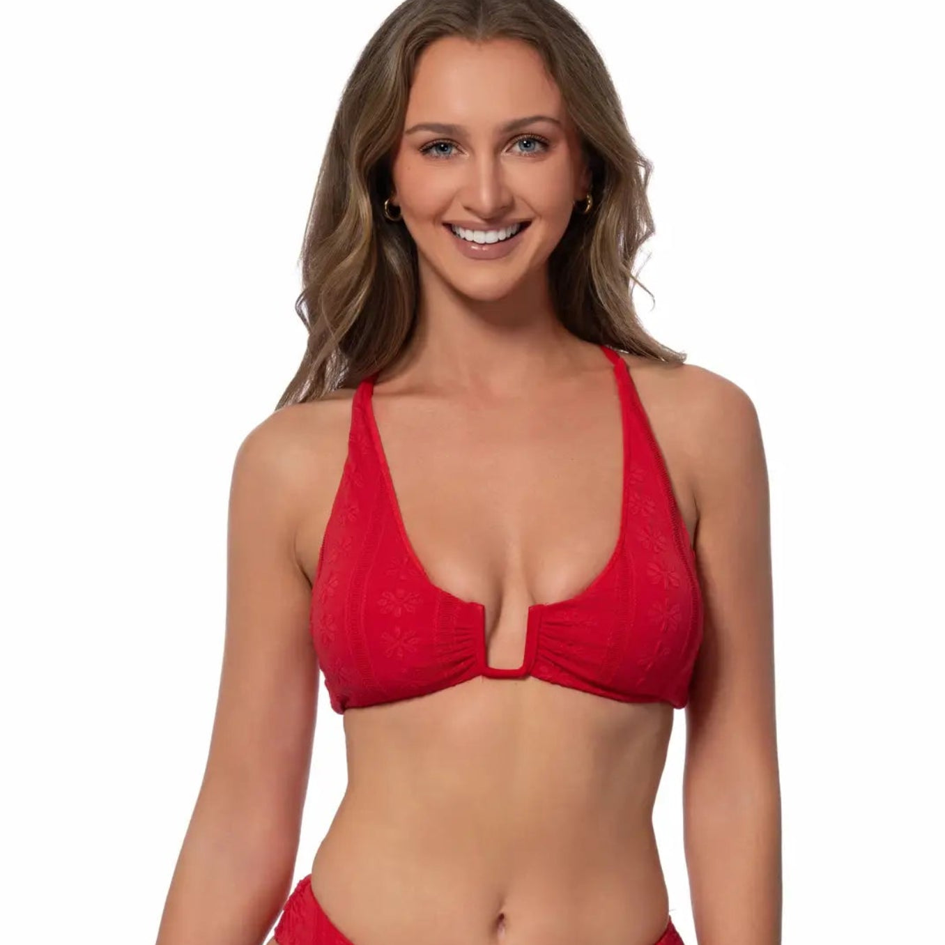Pick Pink Textured Solid U-Ring Bikini Top - Red