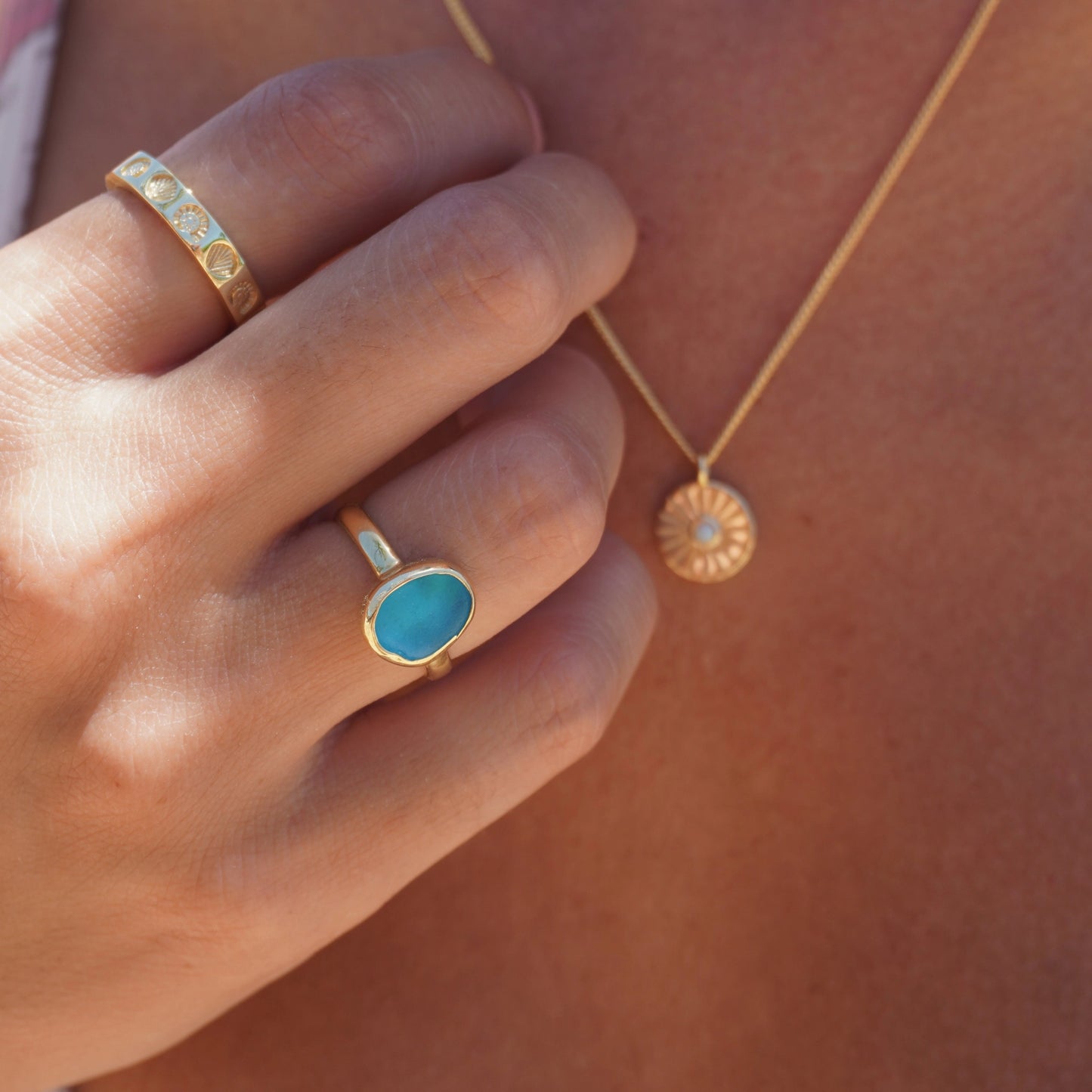 The Salty Gem Blue Sea Glass Ring - Gold Vermeil