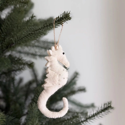 Ganapati White Felt Sea Life Ornament - Seahorse